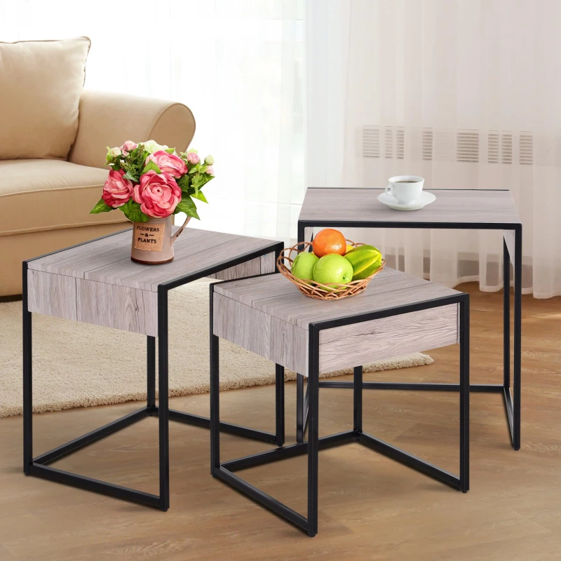 HOMCOM 3 PCs Nesting Coffee Table Set Stackable Space-Saver Accent Table Metal MDF