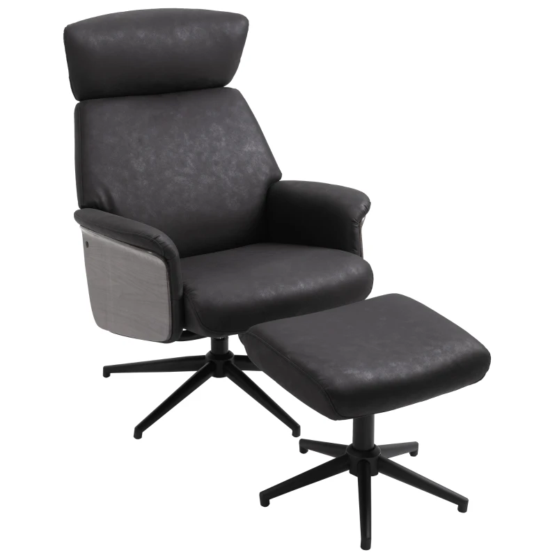 HOMCOM  Fabric Swivel Recliner Chair with footstool Metal Base Wood Armrest Black