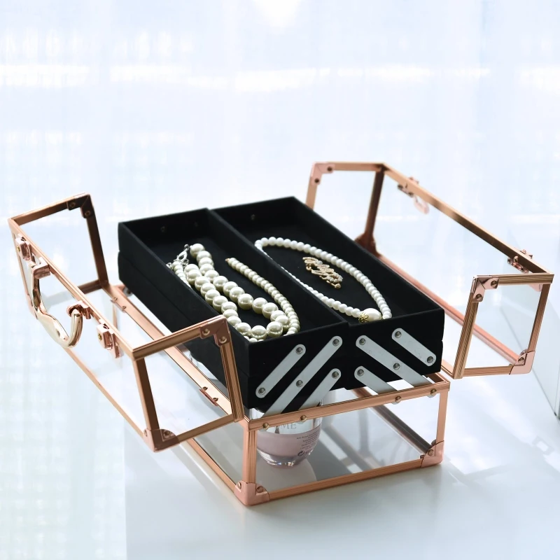 HOMCOM Makeup Cosmetic Case Lockable Storage Vanity Box Unit Lightweight  Acrylic & Aluminium Travel w/ 2 Keys Gold