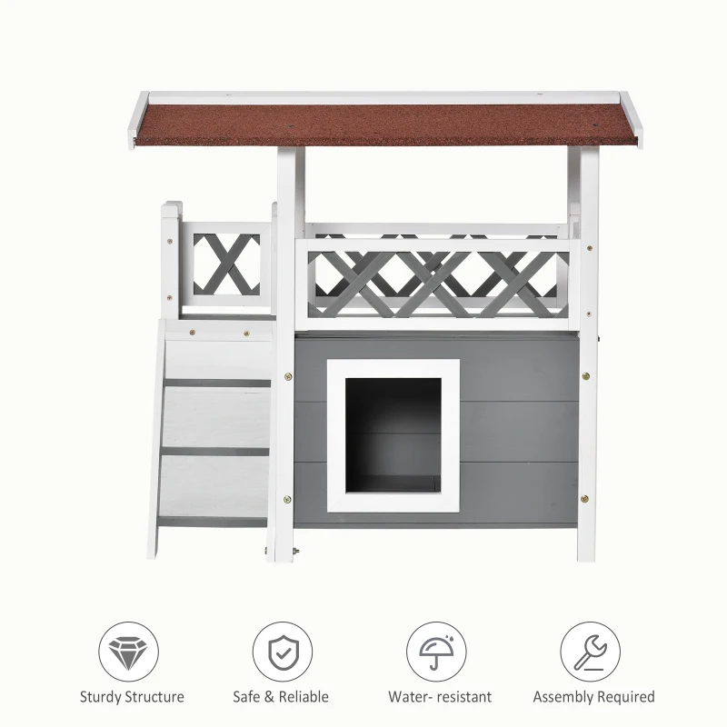 PawHut Wooden Cat House Outdoor Luxury Room Weatherproof Shelter with Balcony and Stair Puppy Garden Large Kennel White