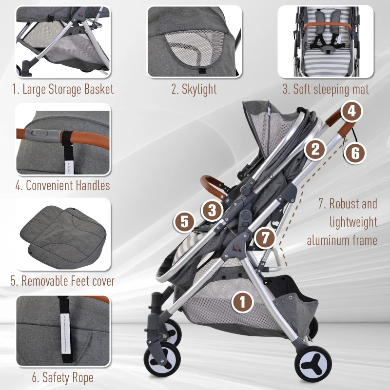 HOMCOM Aluminium Alloy Adjustable & Folding Baby Stroller Grey