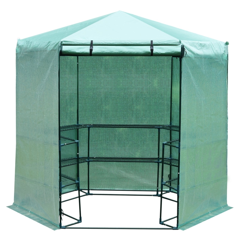 Outsunny Hexagon Walk-in 3-Tier Portable Greenhouse, Φ194x225H cm