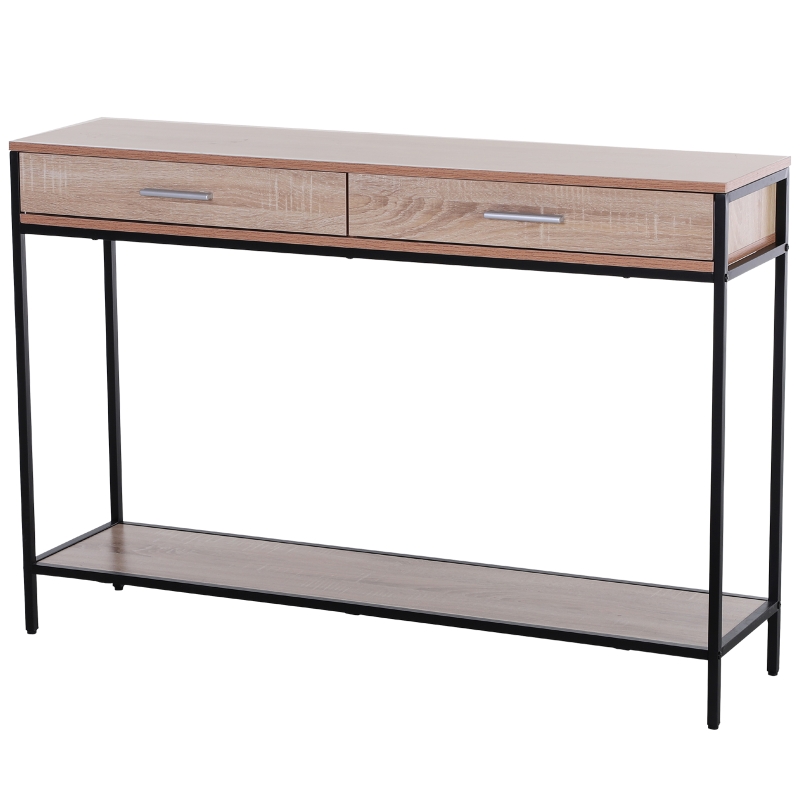 HOMCOM Industrial Console Table Narrow Worktop w/ Bottom Shelf & Two Drawers Oak Wood