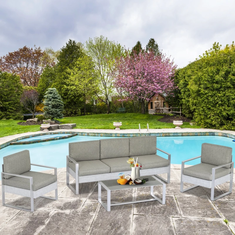 Outsunny 4 Pieces Patio Furniture Set Outdoor Aluminum Garden Conversation Set with Tempered Glass Coffee Table and Cushions
