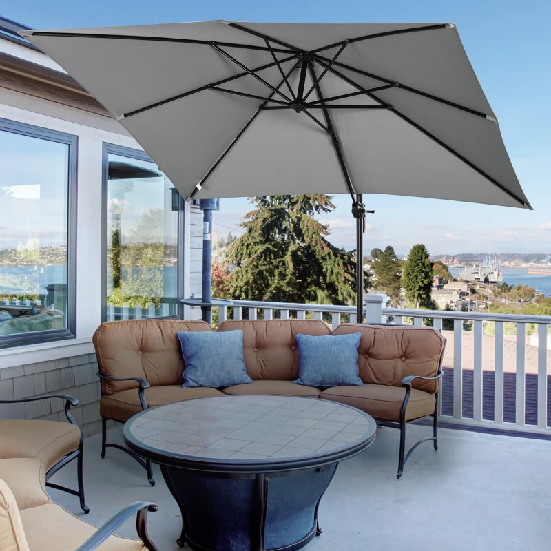 Outsunny 2.7 x 2.7 m Cantilever Parasol, Square Overhanging Umbrella with Cross Base, Crank Handle, Tilt, 360° Rotation and Aluminium Frame, Grey