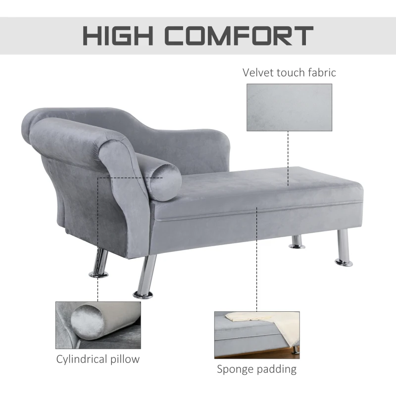 HOMCOM Velvet-Feel Chaise Longue, with Cushion - Grey