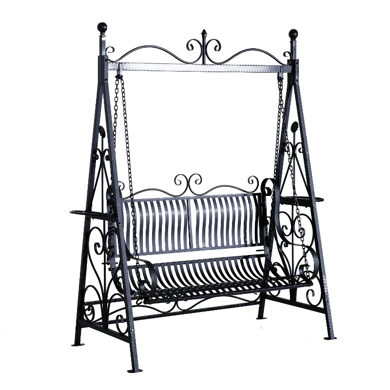 Outsunny Outdoor Garden Patio Cast Iron Metal Vintage Style Swing Chair Hammock Bench - Black
