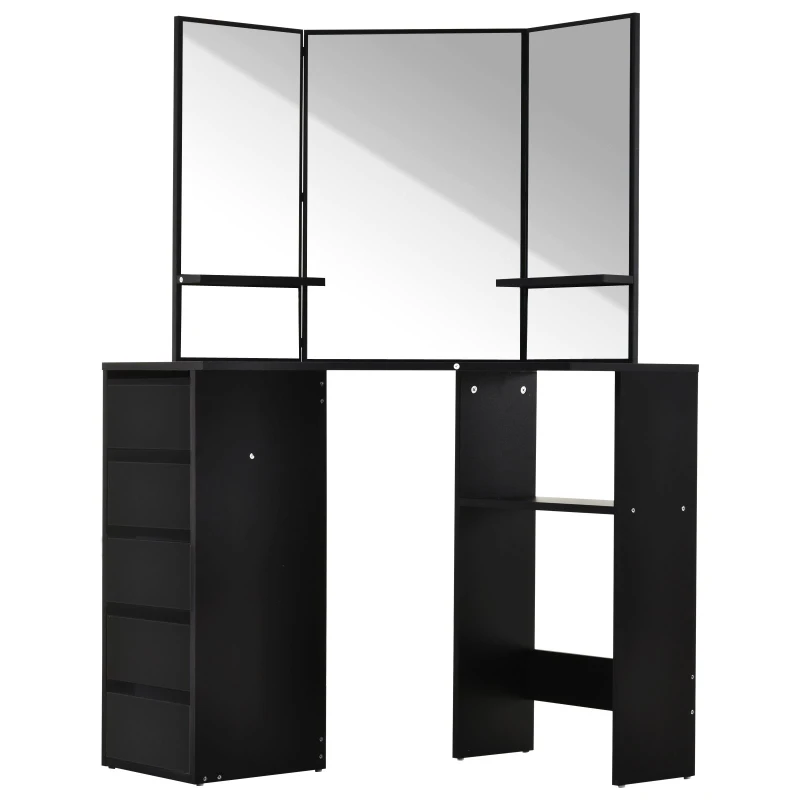 HOMCOM Elegant Dressing Table w/ Tri-Mirror 5 Drawers 2 Shelves Vanity Dresser Black
