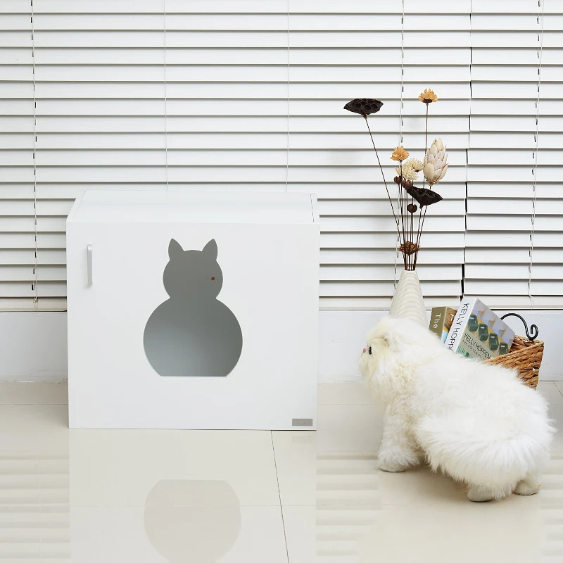 PawHut Wooden Cat Litter Box Enclosure Toilet Home Cabinet Pet Self Cleaning Kitty House Stand Bathroom Furniture Hidden Washroom White 51H x 60W x 41D cm