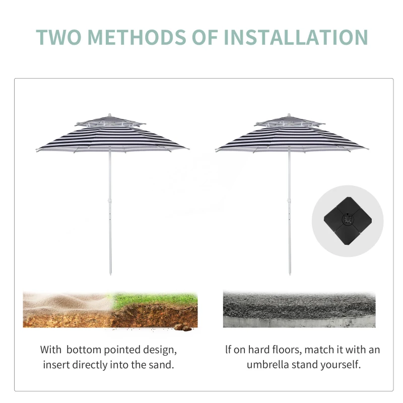 Outsunny Arc. 240cm Beach Umbrella Double-top Canopy Adjustable Height with Carry Bag for Beach Patio Garden Outdoor Blue Stripe