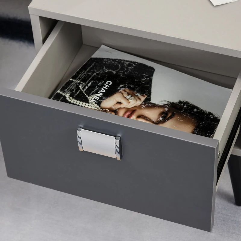 HOMCOM Retro Bedside Storage Table Stylish Nightstand Table w/ Drawer Metal Handle Legs Accent Bedroom Home Living Furniture Desk Grey