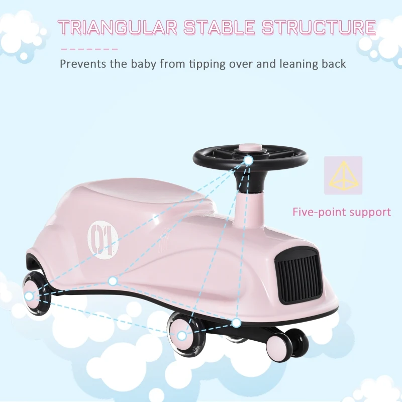 HOMCOM Toddler Ride on Toy Car Wiggle Car LED Flashing Wheels Swing Car for 2-4 Years Pink