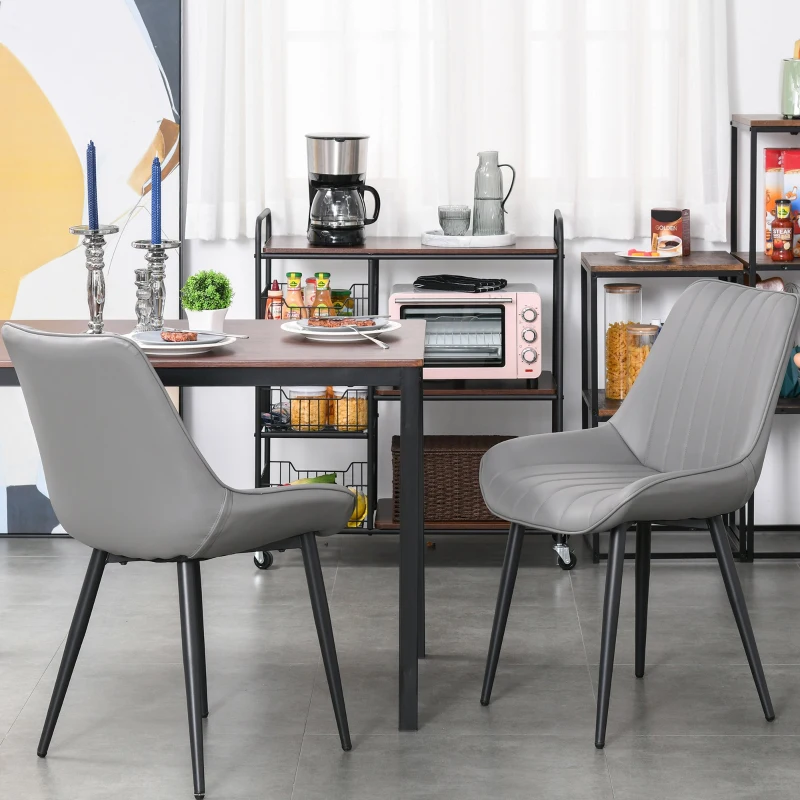 HOMCOM Set Of 2 PU Dining Chairs w/ Cushion Seat Steel Legs Foot Pads Ergonomic Back Home Kitchen Grey