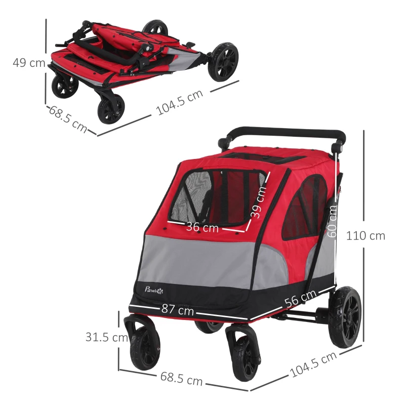 PawHut Dog Stroller Foldable Pet Trolley Pushchair Carrier Adjustable Handlebar for Medium Large Dogs Red
