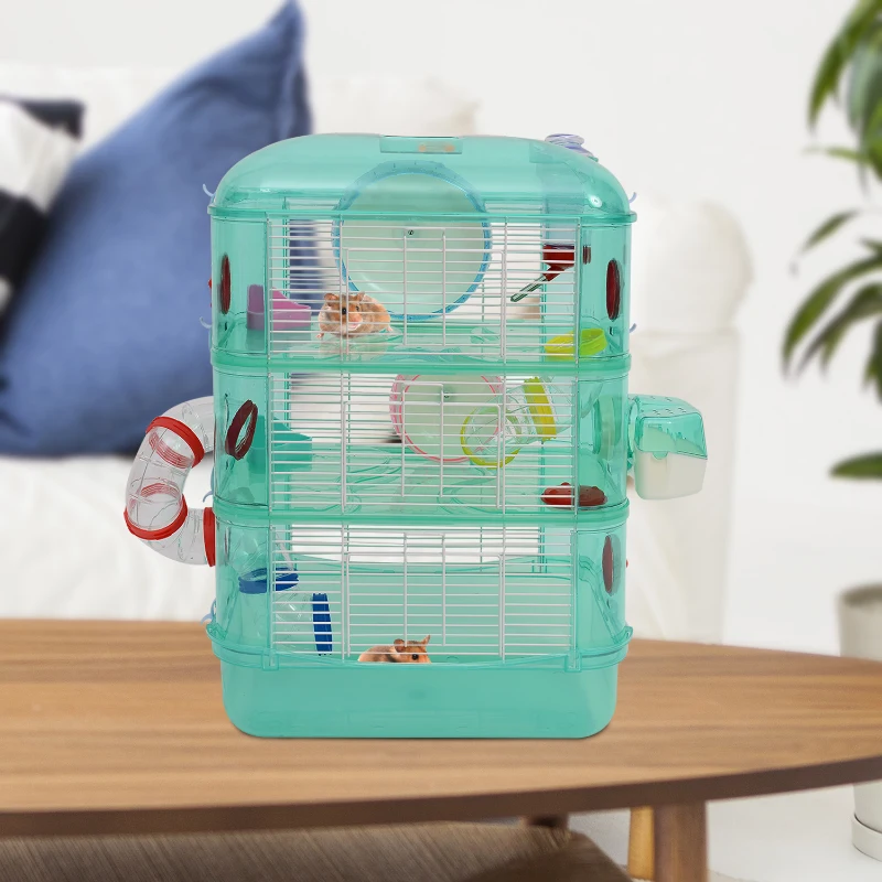PawHut 3 Storey Hamster Cage Small Pet Animal Cage w/ Exercise Wheel Food Water Bowl Multi Activity Exercise Centre Green