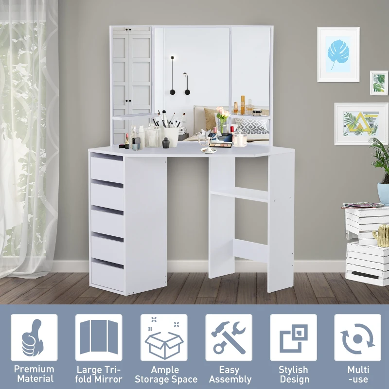 HOMCOM Particle Board Tri-Mirror Dressing Table w/ 5 Drawers & 2 Shelves White
