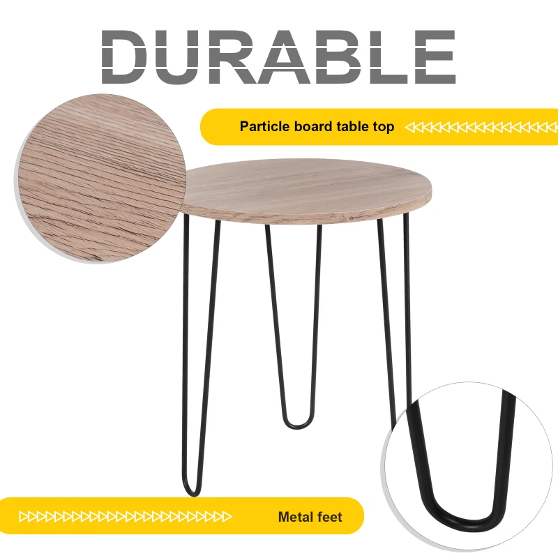 HOMCOM Metal Side Table w/ Round Tabletop Smooth Surface Retro Unique Design Coffee Home Bedroom Furniture Tripod Base Easy Clean Stylish Oak Tone