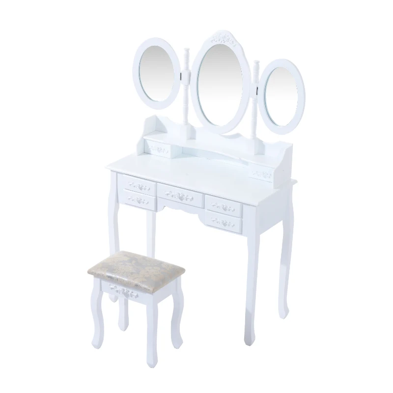 HOMCOM Shabby Chic Dressing Table Jewelry Cosmetic Vanity Set Makeup Dresser 7 Drawers 2 Dividers White w/ 3 Mirrors & Stool