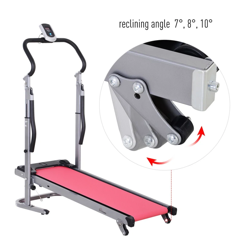 HOMCOM Multi-function Folding Manual Walking Treadmill  Machine & Sit-up Equipment Fitness Exercise Trainer Slope Height Adjustment with Handle - Rose Red