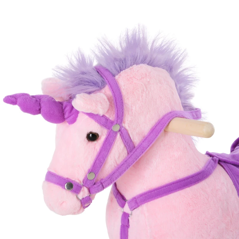 HOMCOM Kids Plush Rocking Horse Unicorn Neigh Button Wooden Base Ride On Toy Rocker with Handle Grip Traditional Toy Fun Gift for Age 3+