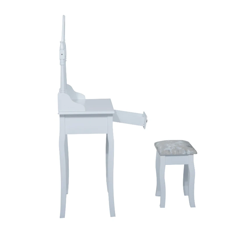 HOMCOM Wooden Dressing Table Vanity Set Makeup Shabby Chic Vintage Style Jewelry Cosmetic Storage Drawer Padded Seat w/Mirror & Stool (White)