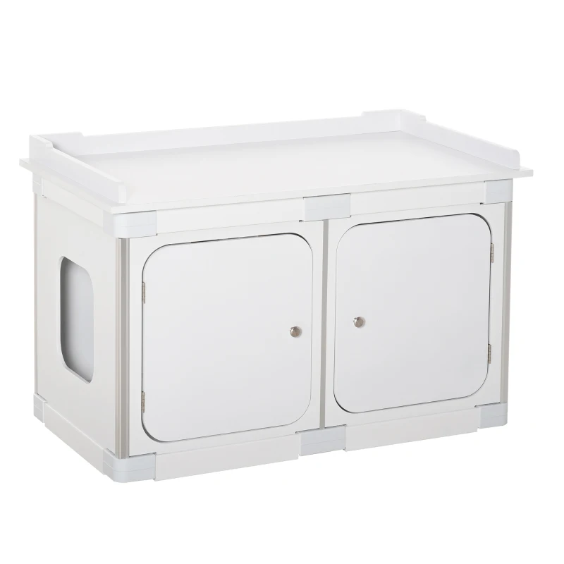 PawHut Wooden Cat Litter Box Enclosure Washroom Toilet Home Cabinet Kitty House Nightstand End Table Magnetic Door Adjustable Partition Board White