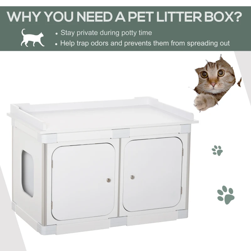 PawHut Wooden Cat Litter Box Enclosure Washroom Toilet Home Cabinet Kitty House Nightstand End Table Magnetic Door Adjustable Partition Board White