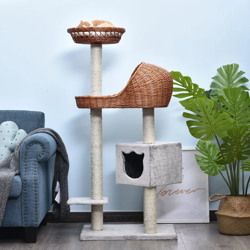 Pawhut 1.3m Cat Tree for Indoor Cats Condo Tower Scratching Post Climber Hooded Rattan Wicker cat cave