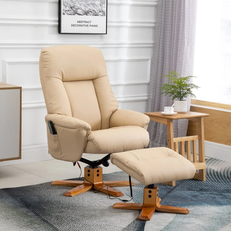 HOMCOM 10-Point Massage Sofa Armchair Chair PU Leather W/ Footrest Stool Heat Recliner Beige