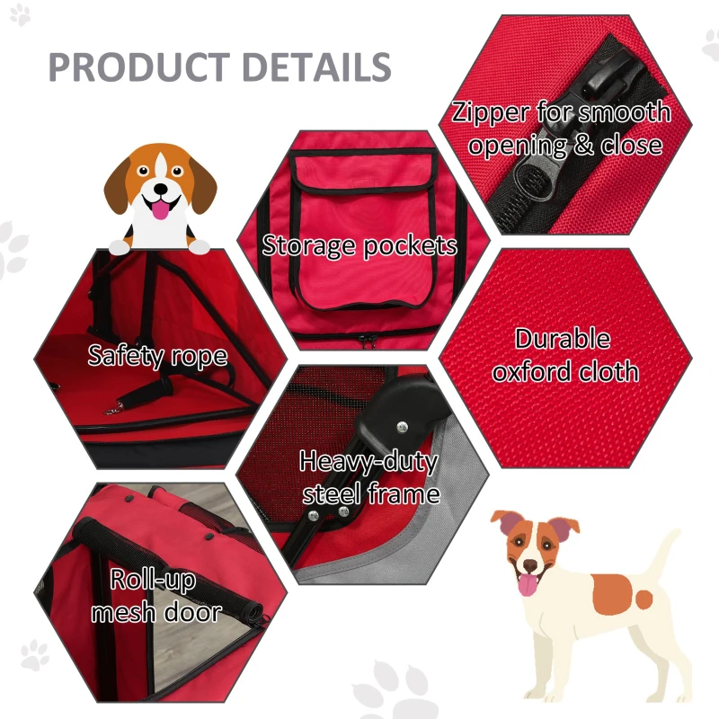 PawHut Dog Stroller Foldable Pet Trolley Pushchair Carrier Adjustable Handlebar for Medium Large Dogs Red