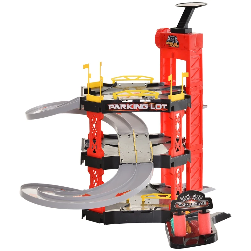 HOMCOM 55 Pcs Kids Parking Lot Play Set 3 Storey Garage Playset Cars Helicopter Elevator Slopes Traffic Accessories Fun Racetrack for 3 Year Old +