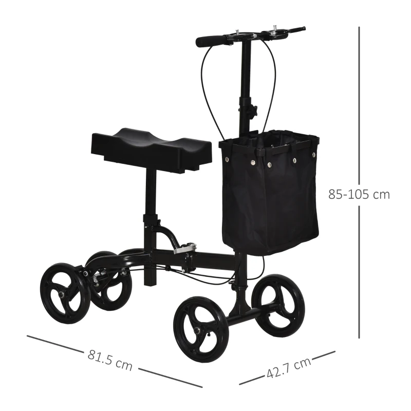 HOMCOM Metal Foldable Medical Knee Rest Rollators Walker Scooter W/ Storage Basket Black