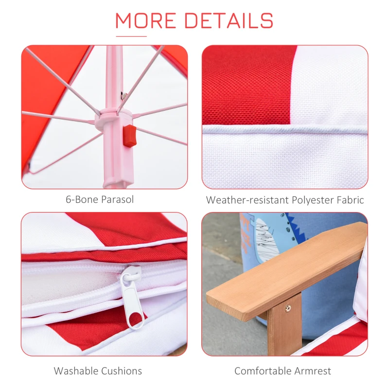 Outsunny Wooden Kids Sun Lounger with Foldable Adjustable Parasol Cushion Outdoor Patio Garden Furniture Red 90 x 59 x 53cm