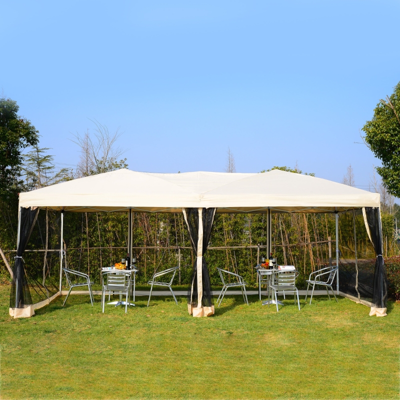 Outsunny 3 x 6 m Garden Metal Gazebo Water Resistant Pop-Up Party Tent Canopy Marquee with Mesh Sidewalls-Beige