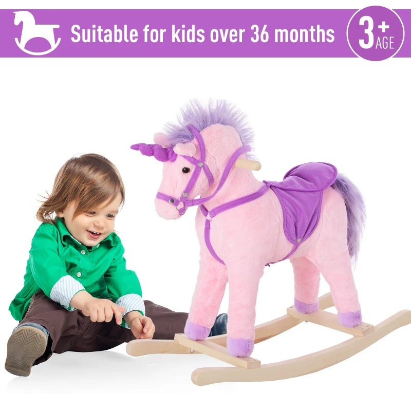 HOMCOM Kids Plush Rocking Horse Unicorn Neigh Button Wooden Base Ride On Toy Rocker with Handle Grip Traditional Toy Fun Gift for Age 3+