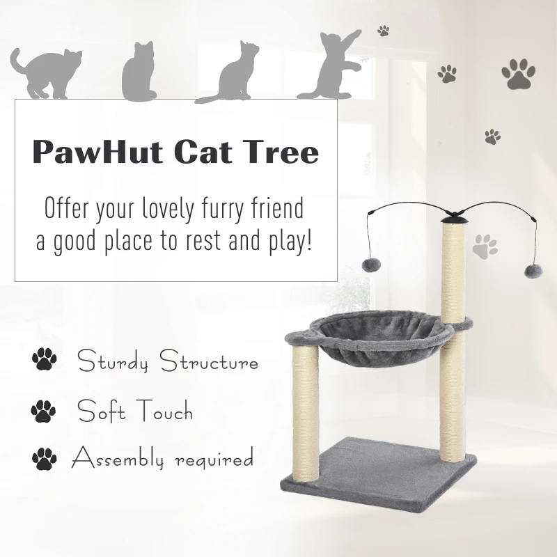 PawHut 83cm Cat Tree Tower for Indoor Cats with Sisal Scratching Post Hammock Cat Play House Dangling Ball Kitten Activity Center Furniture Grey