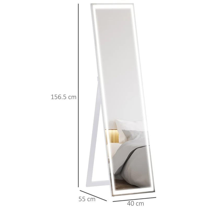 HOMCOM Full-Length Mirror with LED Lights, Free Standing Floor Mirror, Wall Mounted Hanging Mirror, Lighted Vanity Dressing Mirror for Bedroom