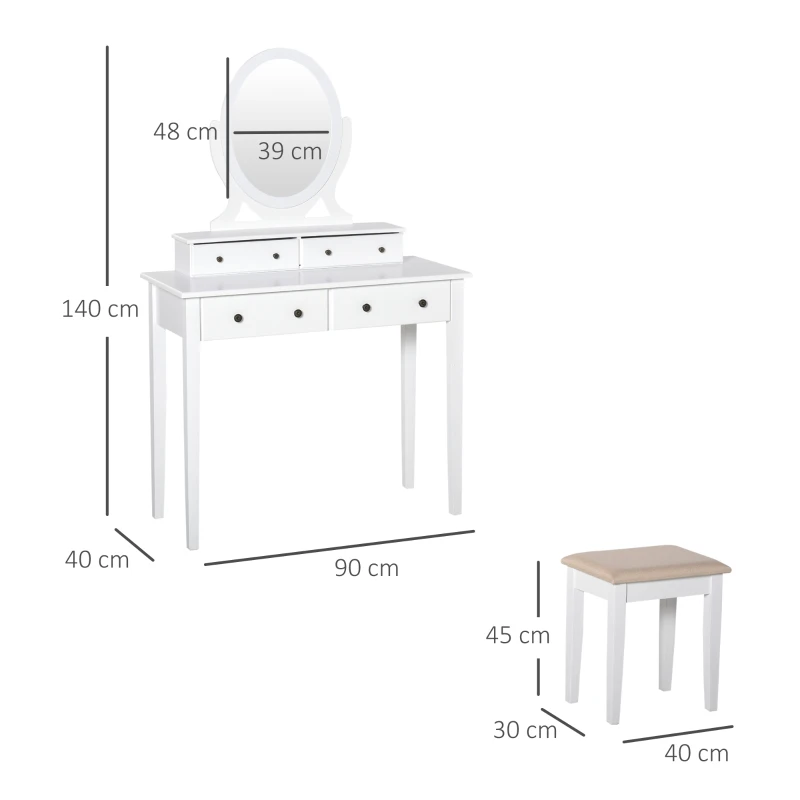 HOMCOM 4-Drawer Dressing Table & Stool Set w/ Moving Mirror Cushioned Seat Wood Legs Oval Makeup Vanity Dresser Desk White