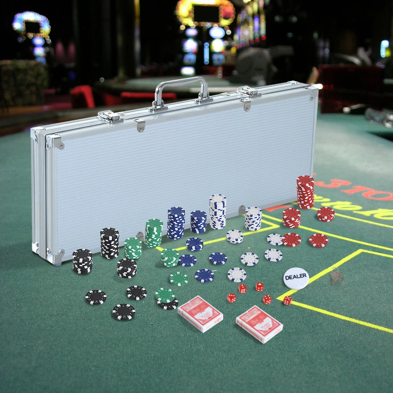 HOMCOM 500 Piece Dice-Striped Poker Chip Set Aluminum Case W/ Dealer Button