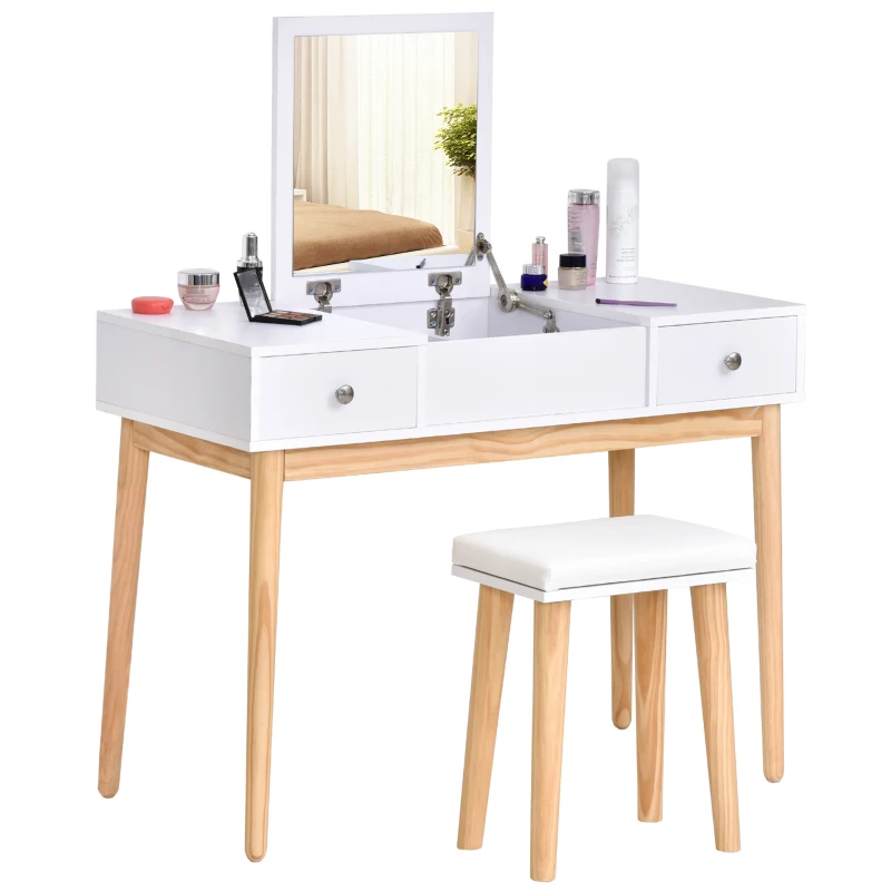 HOMCOM Dressing Table Set with Flip Top Mirror and Cushioned Stool, Makeup Vanity Dressing Table Dresser Desk with 2 Drawers and Storage Grids for Bedroom, White