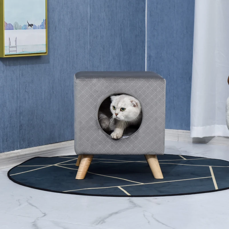 PawHut Elevated Cube Cat Condo Ottoman Bed Pet House Wood Frame Legs Cushion Cat Dog  Home Platform Hutch Grey