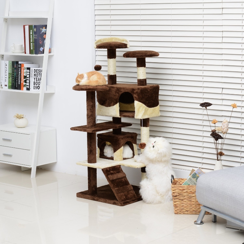 Pawhut Cat Tree Cat Condo W / Kitty Play Hammock-Coffee/Cream