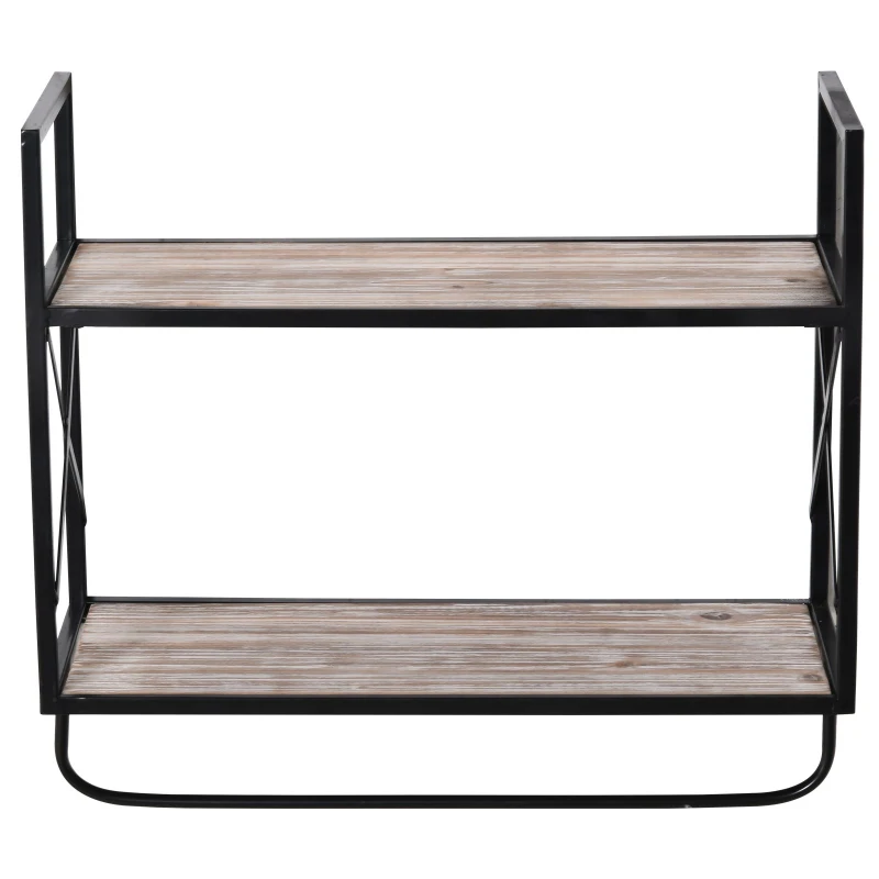HOMCOM 2-Tier Wall Shelf Metal Frame Wood Shelves Bottom Rail Storage Rack Organisation Home Bedroom Kitchen Hallway Furniture 50x55cm Natural