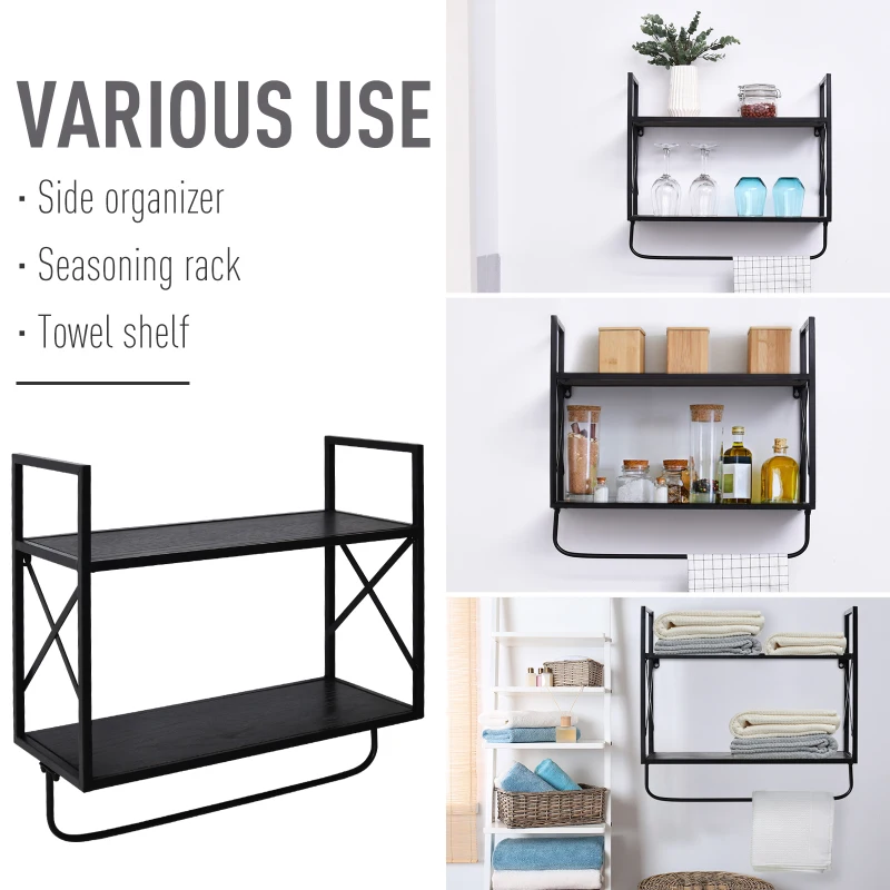 HOMCOM 2-Tier Wall Shelf Metal Frame Wood Shelves Bottom Rail Storage Rack Organisation Home Bedroom Kitchen Hallway Furniture 50x55cm Grey