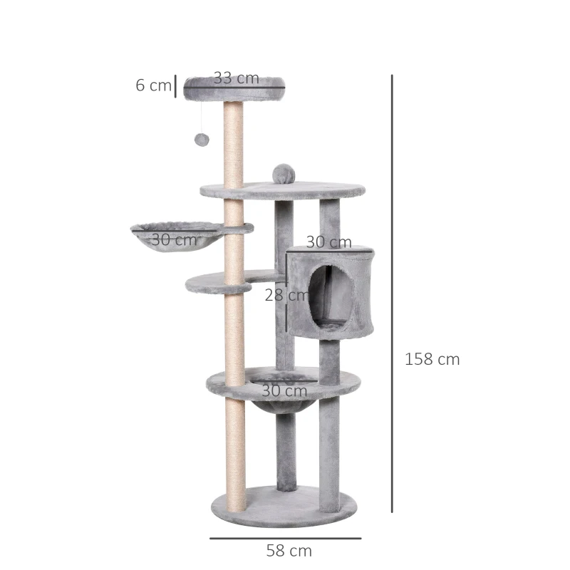 PawHut Cat tree Tower for Indoor Cats 158cm Climbing Kitten Activity Centre with Sisal Scratching Post Perch Hanging Ball Hammock Condo Toy Light Grey
