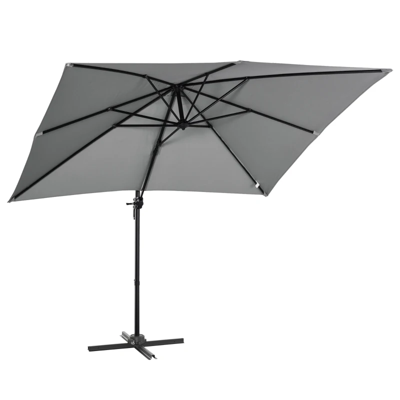 Outsunny 2.7 x 2.7 m Cantilever Parasol, Square Overhanging Umbrella with Cross Base, Crank Handle, Tilt, 360° Rotation and Aluminium Frame, Grey