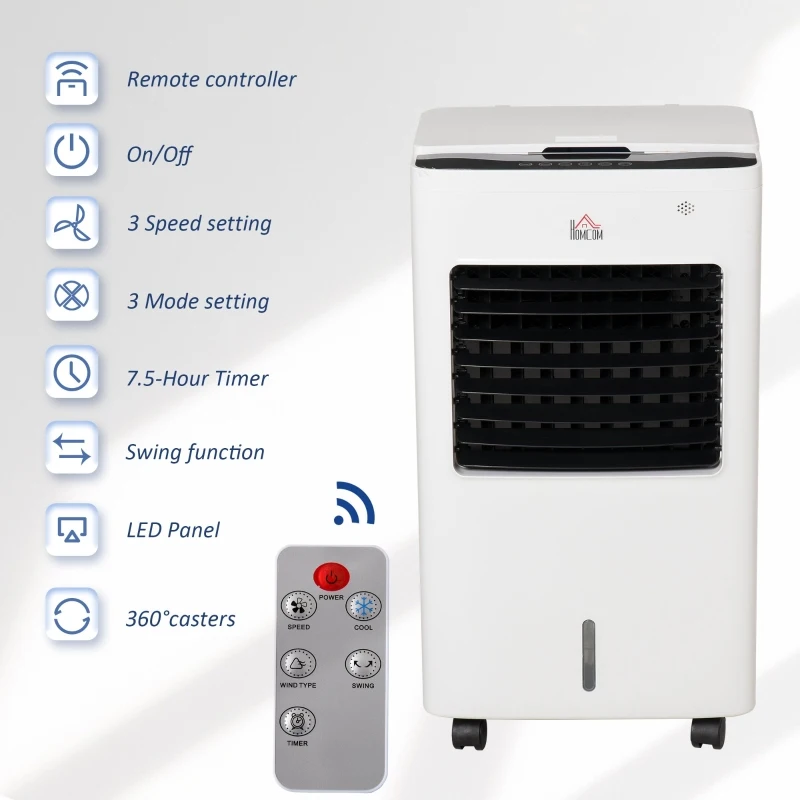 HOMCOM 8.5L Portable Air Cooler, Evaporative Cooler Humidifier with 3 Modes, 3 Speed, Remote Controller, Ice Crystal Box, 7.5 Hour Timer, Swing and Ice Cooling Function for Home Office Dorms