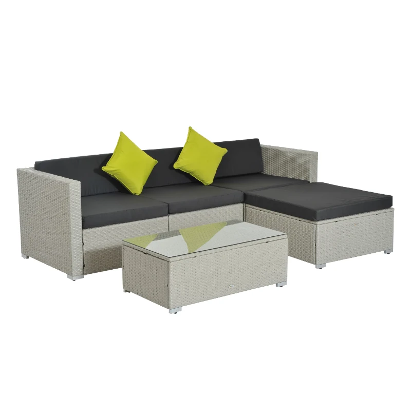 Outsunny 5 Piece Rattan Garden Furniture Set, Outdoor Corner Sofa with 67 cm Wide & Deep Seat, Sectional Outdoor Furniture Conversation Set with Cushions, Glass Top Coffee Table for Patio, Grey