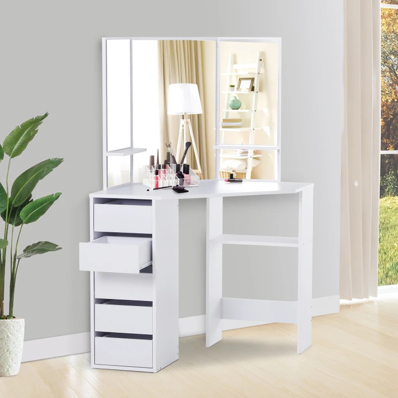 HOMCOM Particle Board Tri-Mirror Dressing Table w/ 5 Drawers & 2 Shelves White