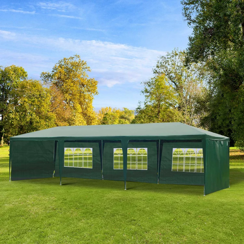 Outsunny 9 x 3 m Party Tent Gazebo Marquee Outdoor Patio Canopy Shelter with Windows and Side Panels Deep Green
